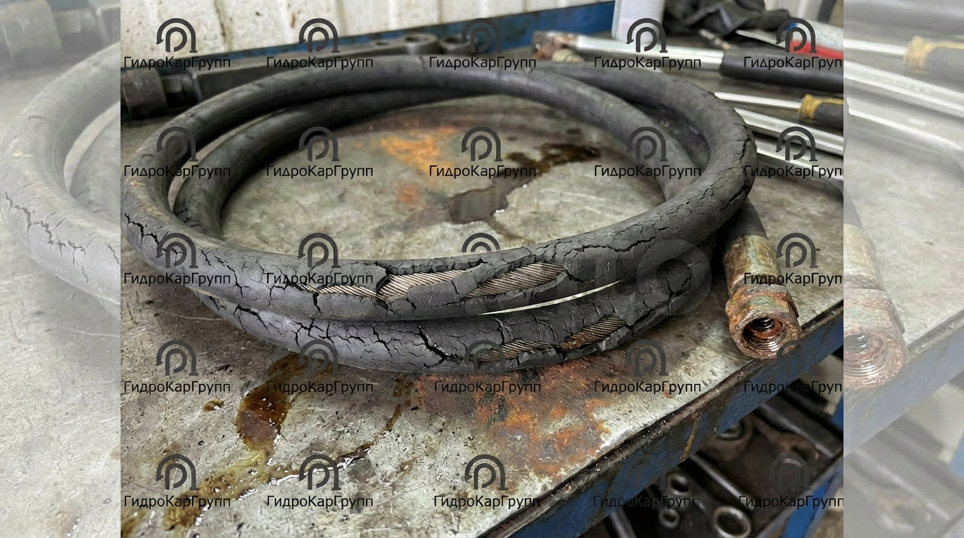 Крупный план растрескивания наружного резинового слоя РВД, являющийся характерным признаком старения материала и необходимости срочной замены шланга